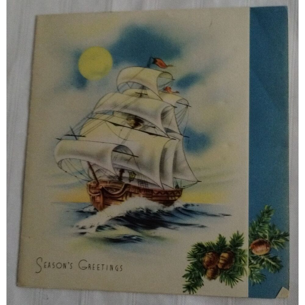 Vintage Christmas Card Tall Ship Nautical Fine Linen Paper Seasons Greetings